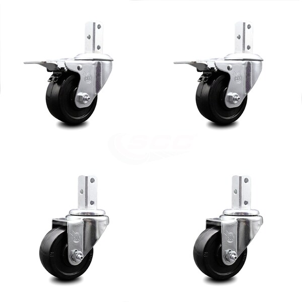 3.5 Inch Soft Rubber Swivel 7/8 Inch Square Stem Caster Total Lock Brakes, 2PK